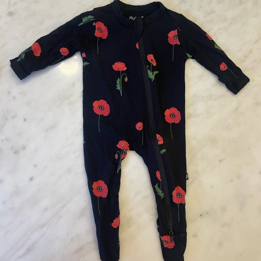 Kyte BABY Black and Red Footies with Floral Design